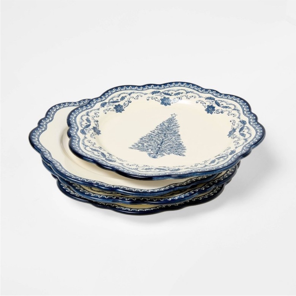 4pk 8” Stoneware Salad Appetizer Christmas Plates Blue - Threshold Studio McGee